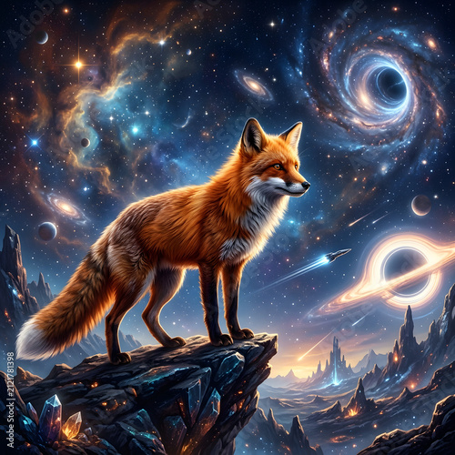 Majestic red fox standing in a mystical forest.