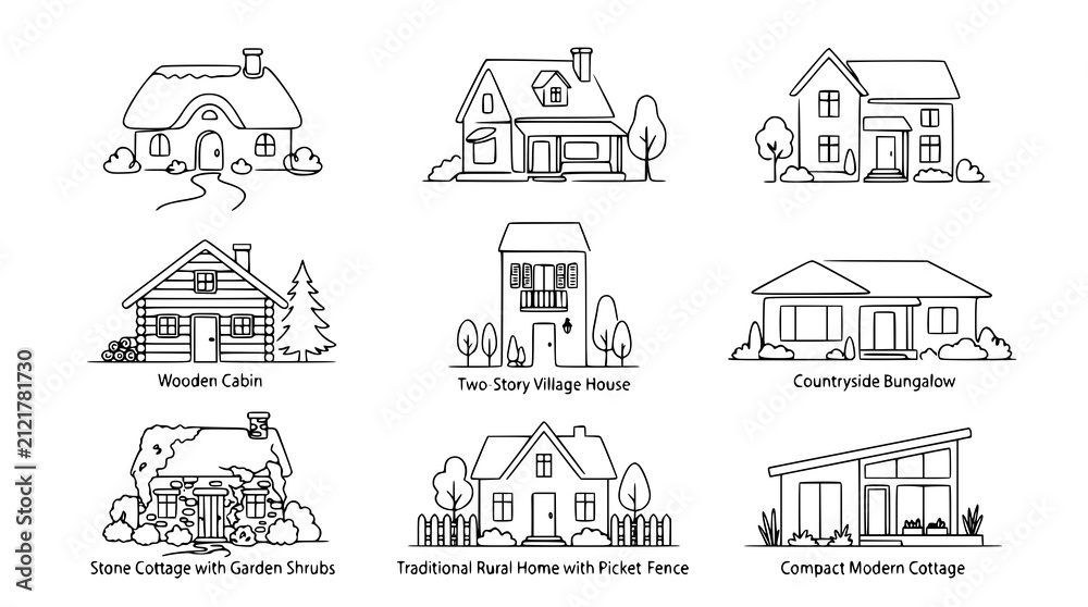 Obraz premium : Continuous One Line Country House Outline Icon Set with Village Home Architecture Vector Collection