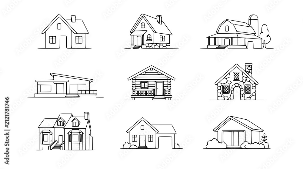 Obraz premium : Modern Continuous Line House Icon Pack with 9 Village Home Outline Vectors