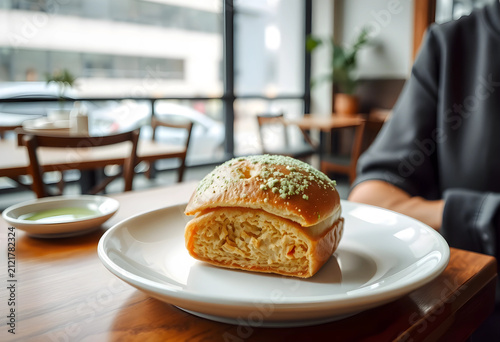 Sweet bread bun with green ...