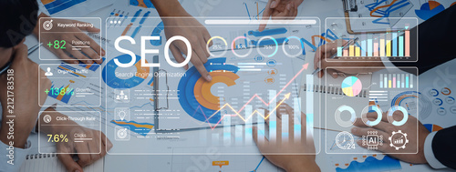 Quadro su tela Business Analytics for SEO Strategy Development with Data Charts, Graphs, and Digital Marketing Metrics in Modern Office Environment