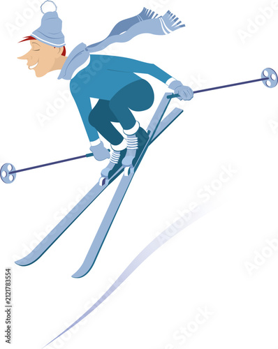Cheerfulness downhill skiing young man