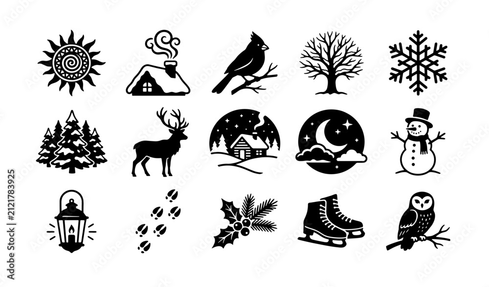Fototapeta premium Winter season icon set with 15 black vector elements, minimalist holiday nature symbols, rustic Christmas silhouettes for seasonal branding