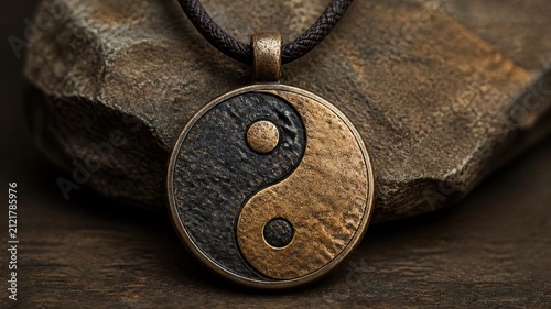Bronze yin yang pendant on dark cord necklace