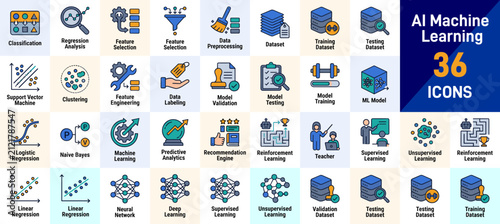 AI Machine Learning Icons Set Classification, Regression, Neural Network and ML Model Vector Icons