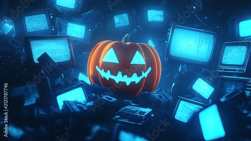 Glowing carved Halloween pumpkin jack o lantern surrounded by old vintage televisions