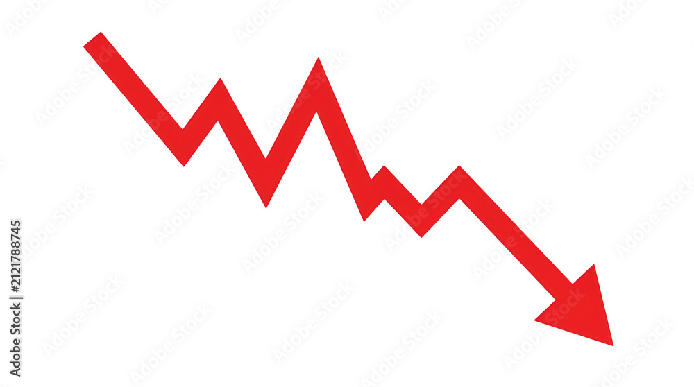 Obraz premium Downward trending red arrow indicating decline or decrease in data isolated on transparent background