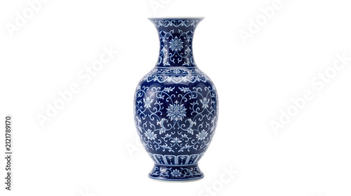 Elegant blue and white porcelain vase with intricate floral patterns and classic shape isolated on transparent background