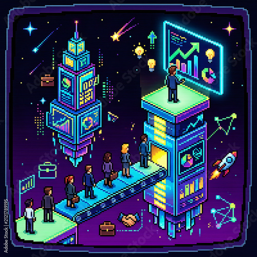 Vibrant neon cityscape with iconic landmarks and bustling streets.
