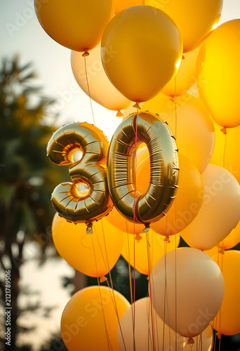 Golden number 30 foil balloon with yellow and orange latex balloons for a thirtieth birthday celebration, this festive arrangement signifies a thirtieth birthday or anniversary celebration