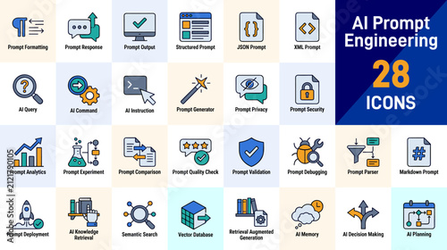 AI Prompt Engineering Icons Set Structured Prompt, RAG, Vector Database and AI Memory Vector Icons