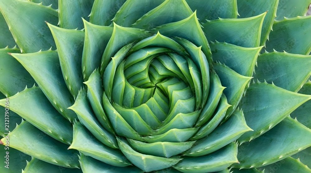 Obraz premium Close-up overhead view of succulent plant with tightly spiraled green leaves forming geometric rosette pattern, suitable for nature and botanical backgrounds.