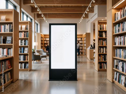 Literary Canvas: Blank Lightbox in Bookstore Aisle—Wood Shelves, Warm Glow, and 8K Promotional Clarity