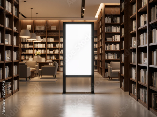 Literary Canvas: Blank Lightbox in Bookstore Aisle—Wood Shelves, Warm Glow, and 8K Promotional Clarity