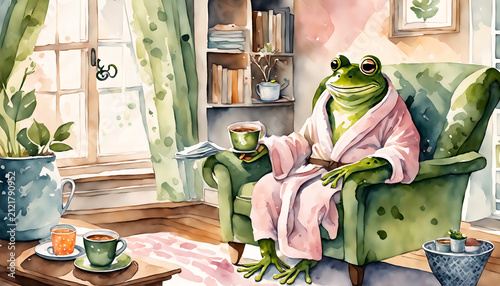 A frog is sitting in an armchair at home, drinking tea.
