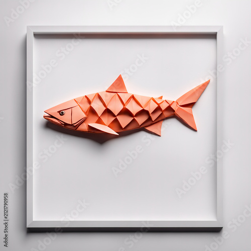 Salmon in a white frame abstract geometric background.