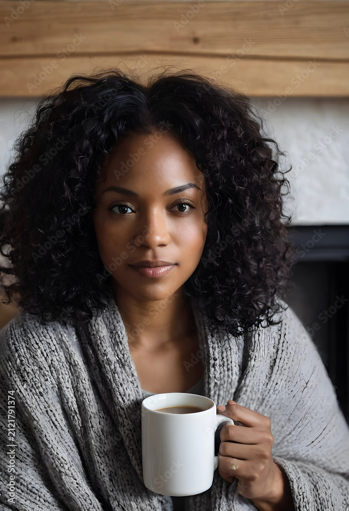 Obraz premium Young african american woman with curly hair holding a white coffee mug, cozy home lifestyle and Relaxation