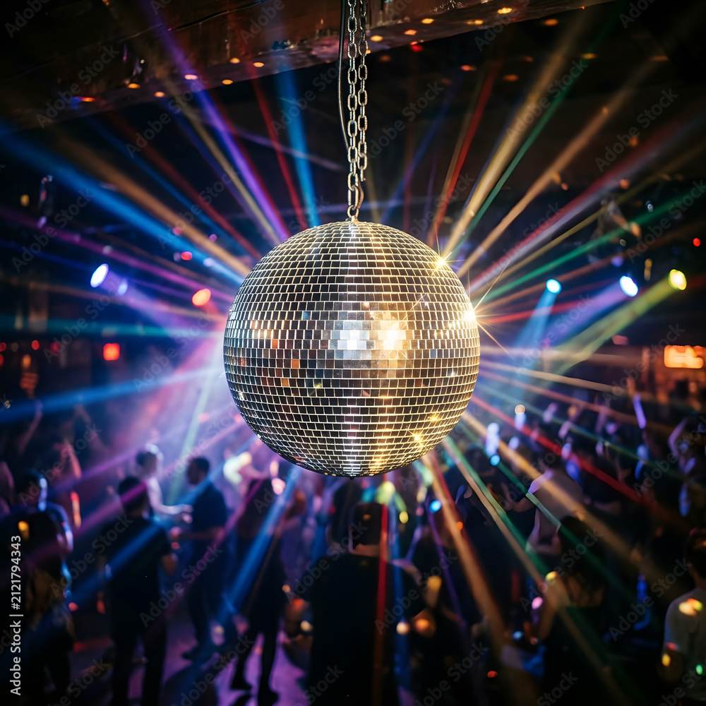 Obraz premium Vibrant disco ball reflecting colorful lights in nightclub.