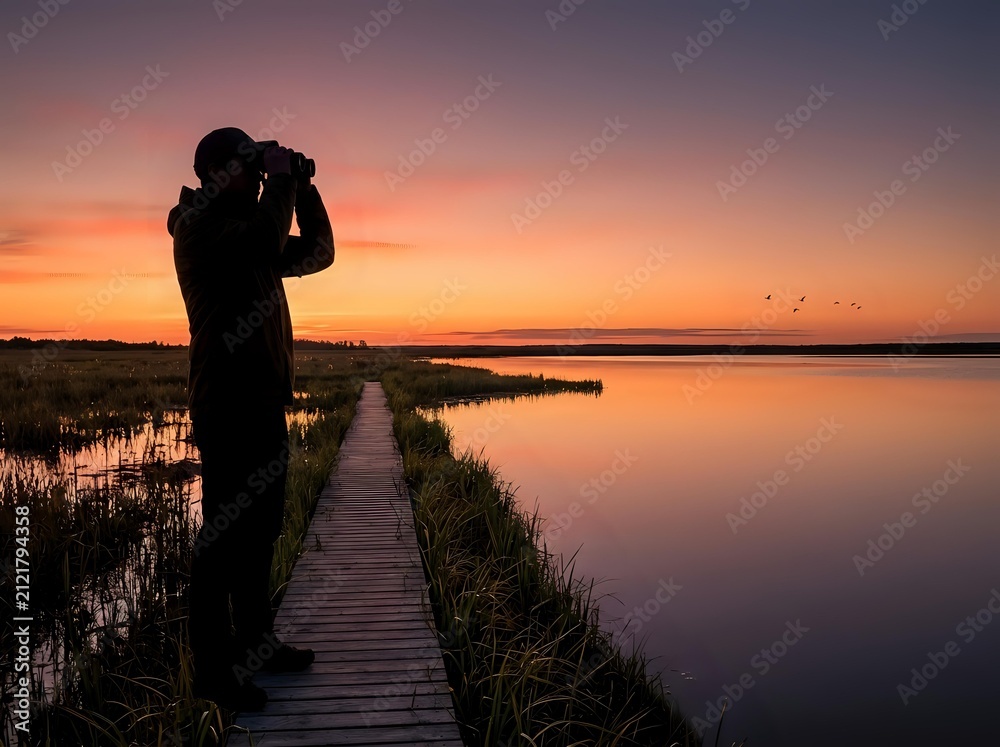 Fototapeta premium Silhouette of man with binoculars watching birds at sunset over calm lake, wooden pier and wetland, nature observation and outdoor adventure concept.