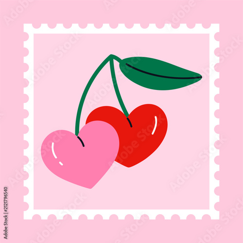 Postage stamp with heart shaped cherries with leaf. Cute Valentine's Day stamp design. Romantic postal sticker. Love themed philatelic. Vector illustration in flat cartoon style