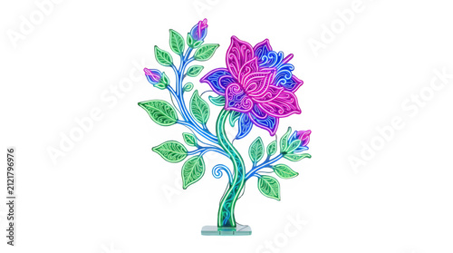 Neon flower light pattern plant isolated on PNG background.