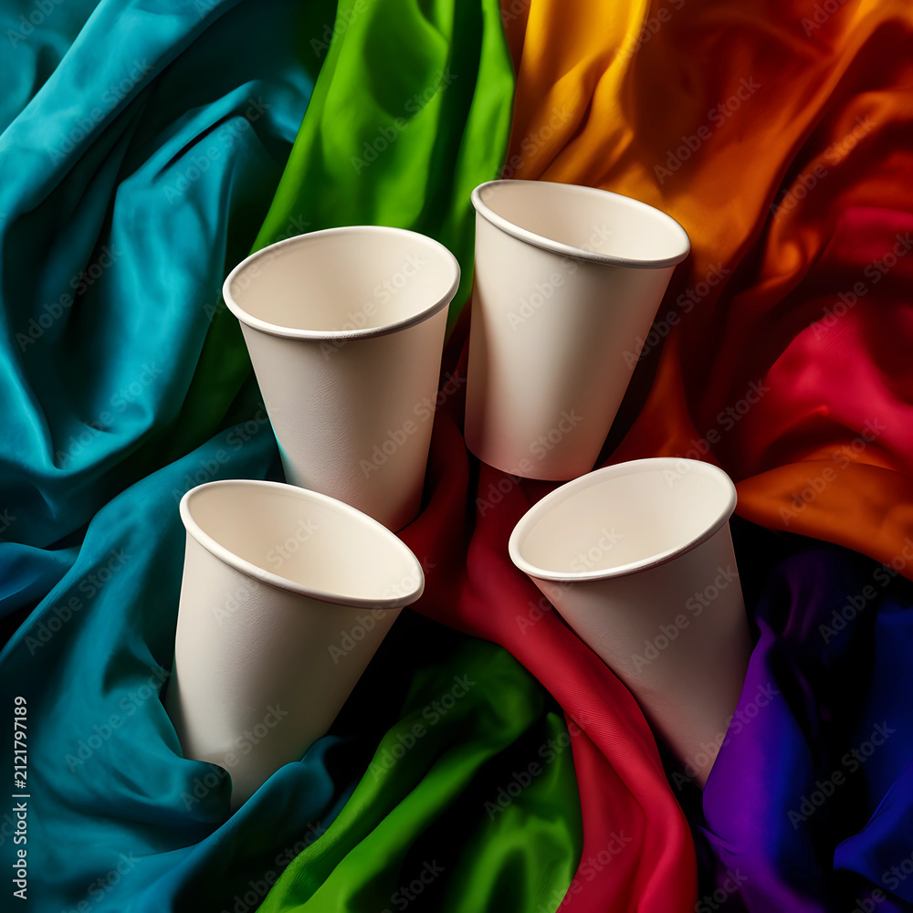 Obraz premium Four blank beige paper cups arranged on a colorful rainbow fabric background, sustainability and eco friendly, the cups are suitable for various beverages like coffee or tea