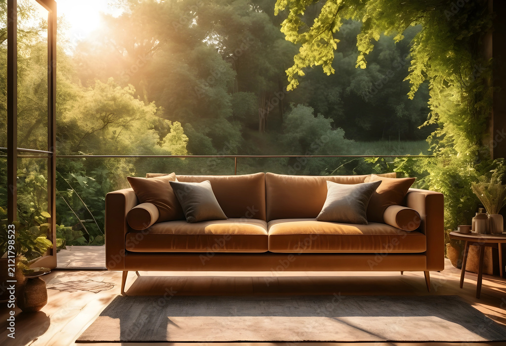 Obraz premium Modern outdoor living room with a comfortable sofa on a balcony overlooking a lush green forest at sunset, the scene overlooks a lush green forest bathed in the warm glow of a sunset