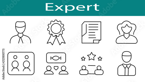 Expert editable stroke icon set featuring professional profile, certificate, document, teamwork, leadership, collaboration and business outline symbols for UI UX design.