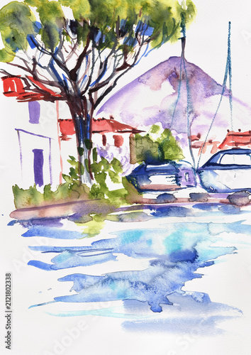 Port Grimaud marina with boats, umbrella pine and Provençal houses, hand-painted watercolor