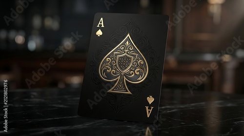 Intricate black ace of spades playing card standing upright on a polished wooden casino lounge table