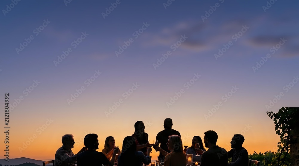 Fototapeta premium Silhouettes of diverse group of people standing together outdoors at sunset, suitable for teamwork, community, unity, and togetherness concepts.