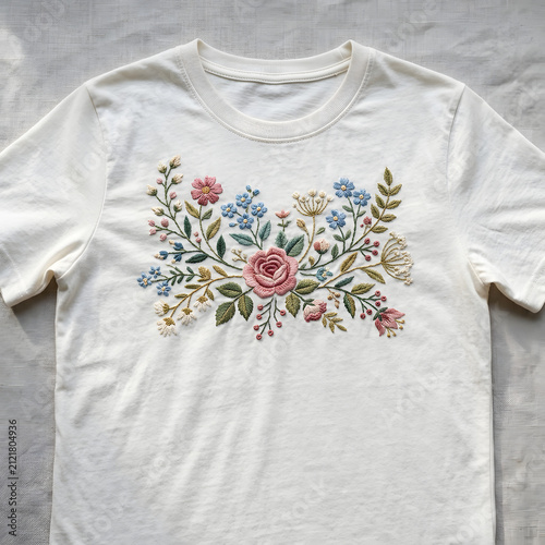 White blouse with intricate floral embroidery design.