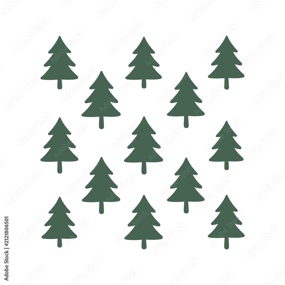 Fototapeta premium A repeating pattern of simple dark green stylized pine tree illustrations on a white background