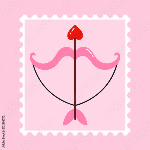 Postage stamp with cupid bow and heart-shaped arrow. Cute Valentine's Day stamp design. Romantic postal sticker. Love themed philatelic. Vector illustration in flat cartoon style