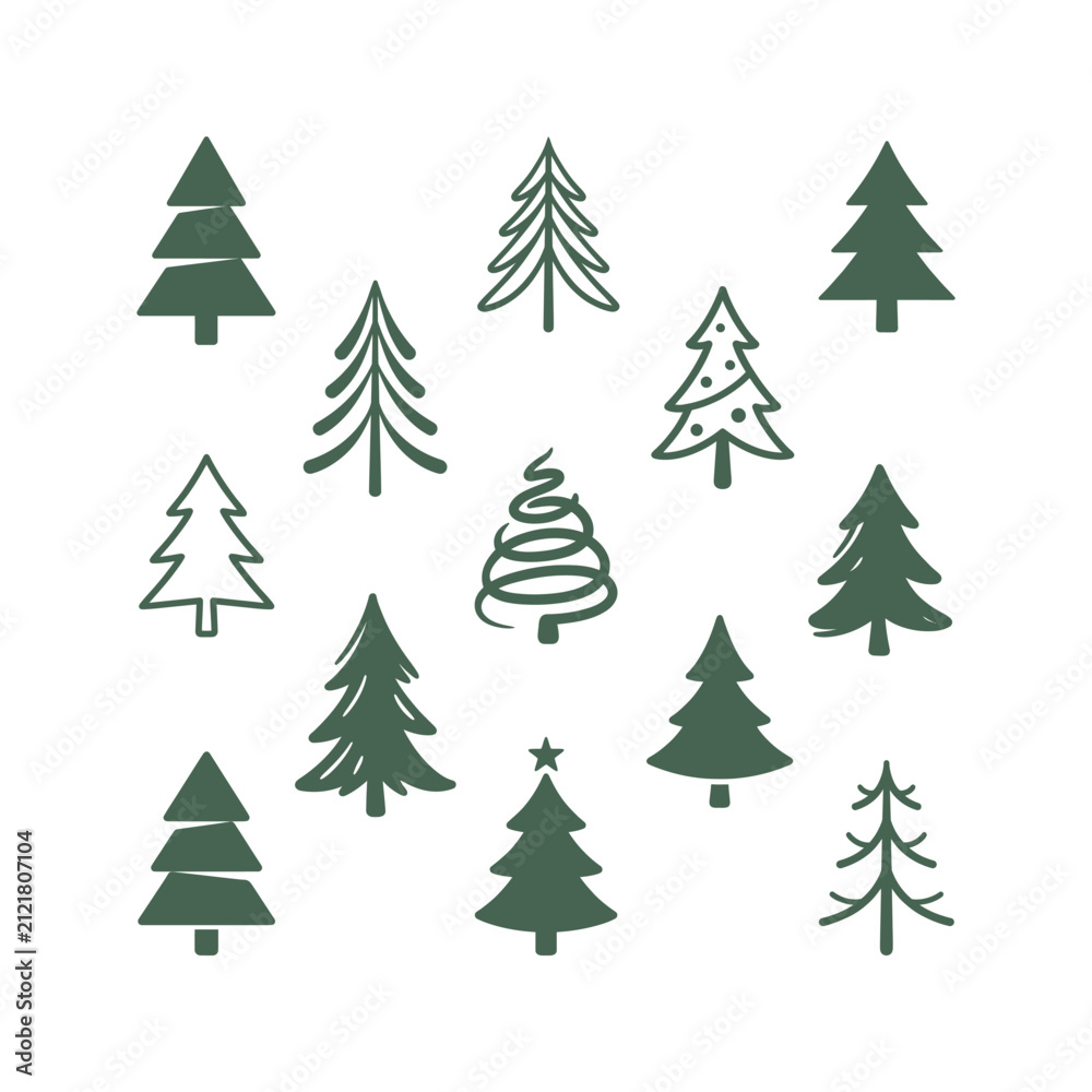 Obraz premium Collection of stylized dark green Christmas tree icons in various designs isolated on a white background