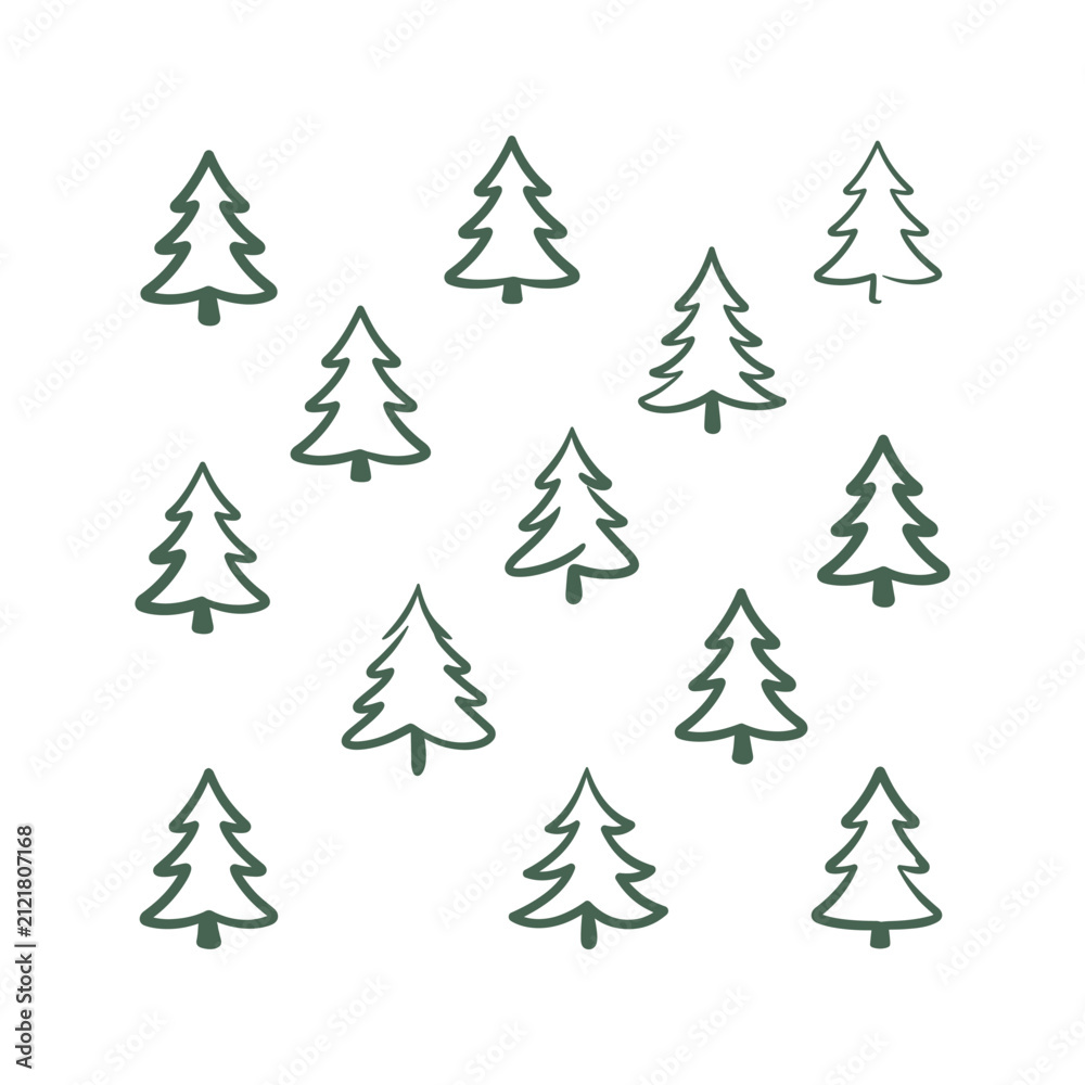 Obraz premium Hand-drawn green pine trees pattern on white background for winter holiday design