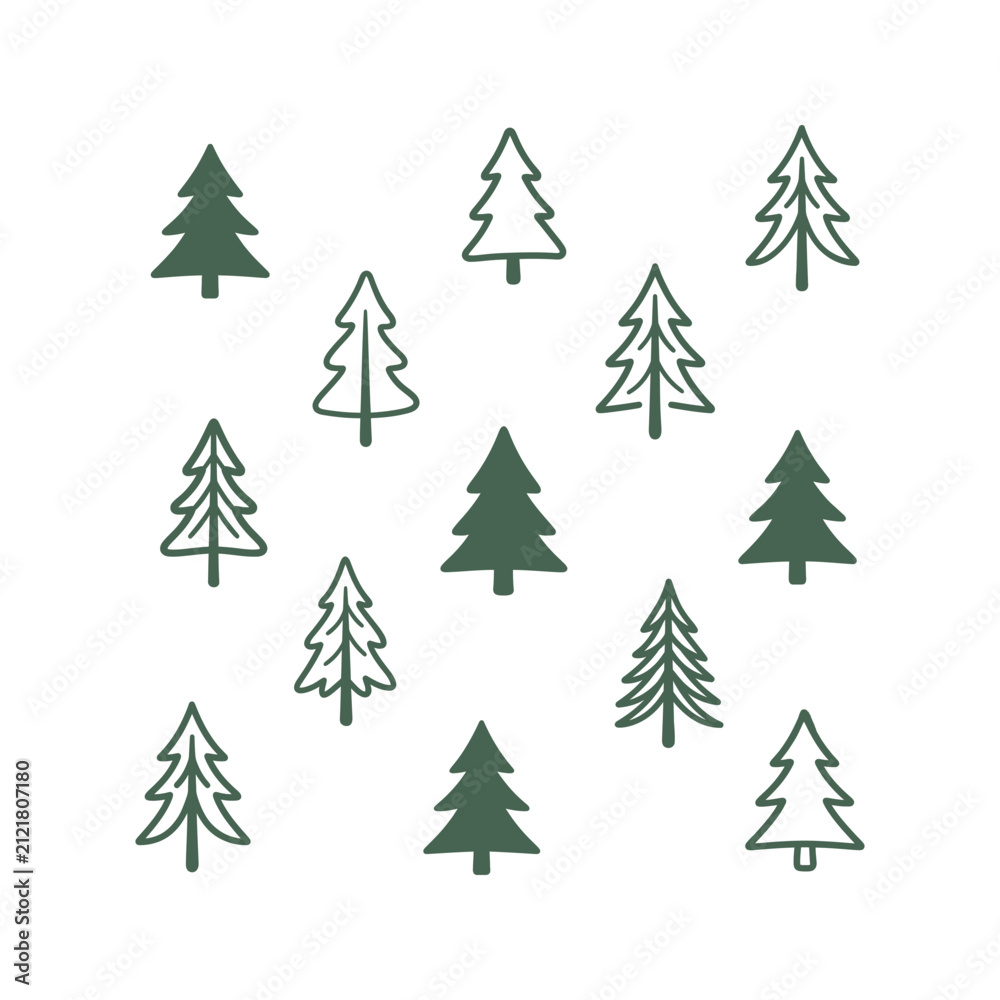 Obraz premium Minimalist green pine tree illustrations and simple outlines in a scattered pattern on a clean white background