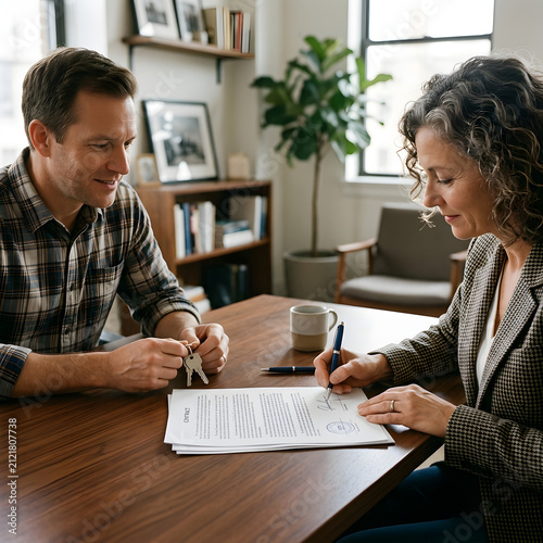 Business professionals discussing documents in office setting.