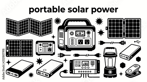portable solar power equipment featuring folding solar panels solar generators power stations battery packs charging controllers portable lights and outdoor energy set for camping travel and renewable