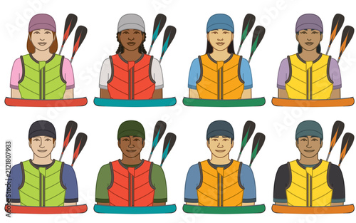diversity, race, ethnicity of canoeist vector icons, male and female, wearing hat and life jacket, with canoe and single-blade paddle, isolated on a white background
