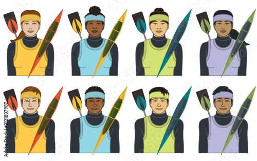 diversity, race, ethnicity of sprint canoeist vector icons, male and female, wearing wetsuit and jersey tank top, open canoe and single-blade paddle, isolated on a white background