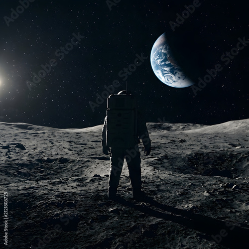 Person standing on a beach at night with a crescent moon.