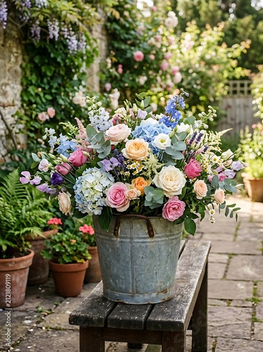 Fresh colorful summer flowers arranged in an antique metal bucket placed outdoors on a rustic stone patio. 