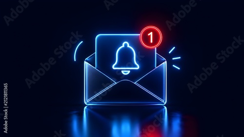 Glowing neon email envelope icon with a notification bell and unread message alert badge on dark reflective background.