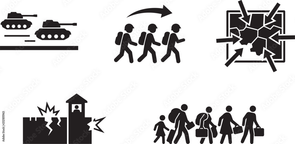 Obraz premium War and refugee crisis icon set with tanks, evacuation, attack, destruction and displaced people