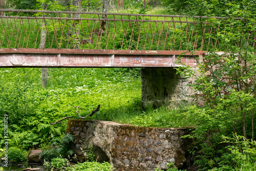 An iron bridge over a stream among lush greenery