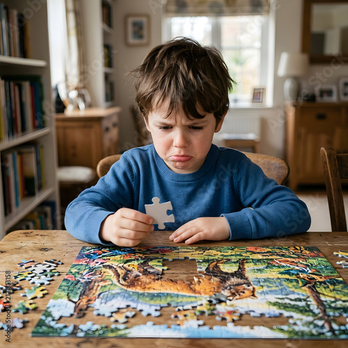 Young boy concentrating on assembling a puzzle indoors.