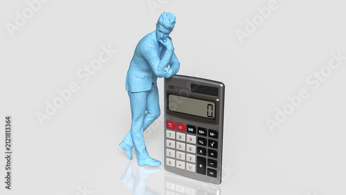 Thoughtful Businessman Planning Finances Beside Giant Calculator 3d render.