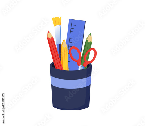 Cup holding stationery items including a ruler, pen, pencil, and scissors, isolated on a white background, school desk