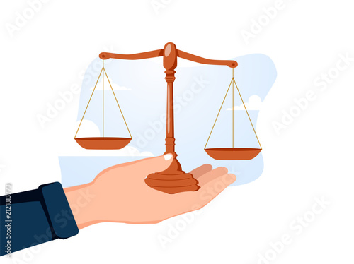 Integrity, law, and compliance concept illustration showing a businessman's hand holding a balance scale, justice